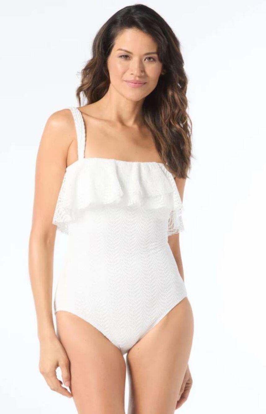 Coco Contours Agate One Piece Swimsuit 34C Size 10 White Ruffle NWT